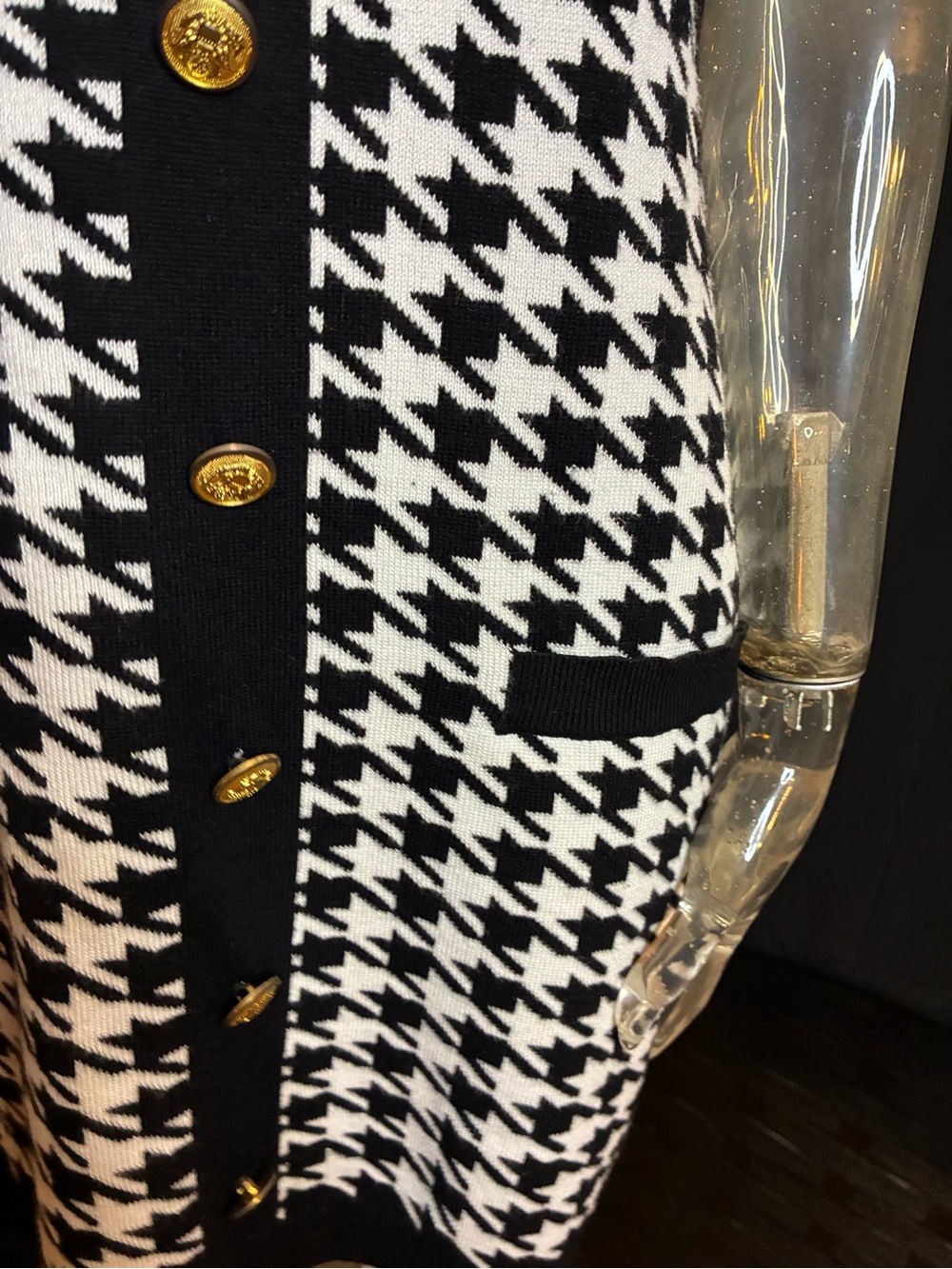 Black & White Houndstooth Knit Midi Dress with Gold Buttons - Picture 3 of 7